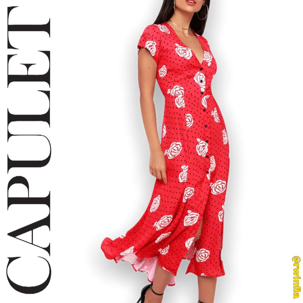 Capulet Elie Red Satin Print Button Up Midi Dress Floral Size XS NWT
